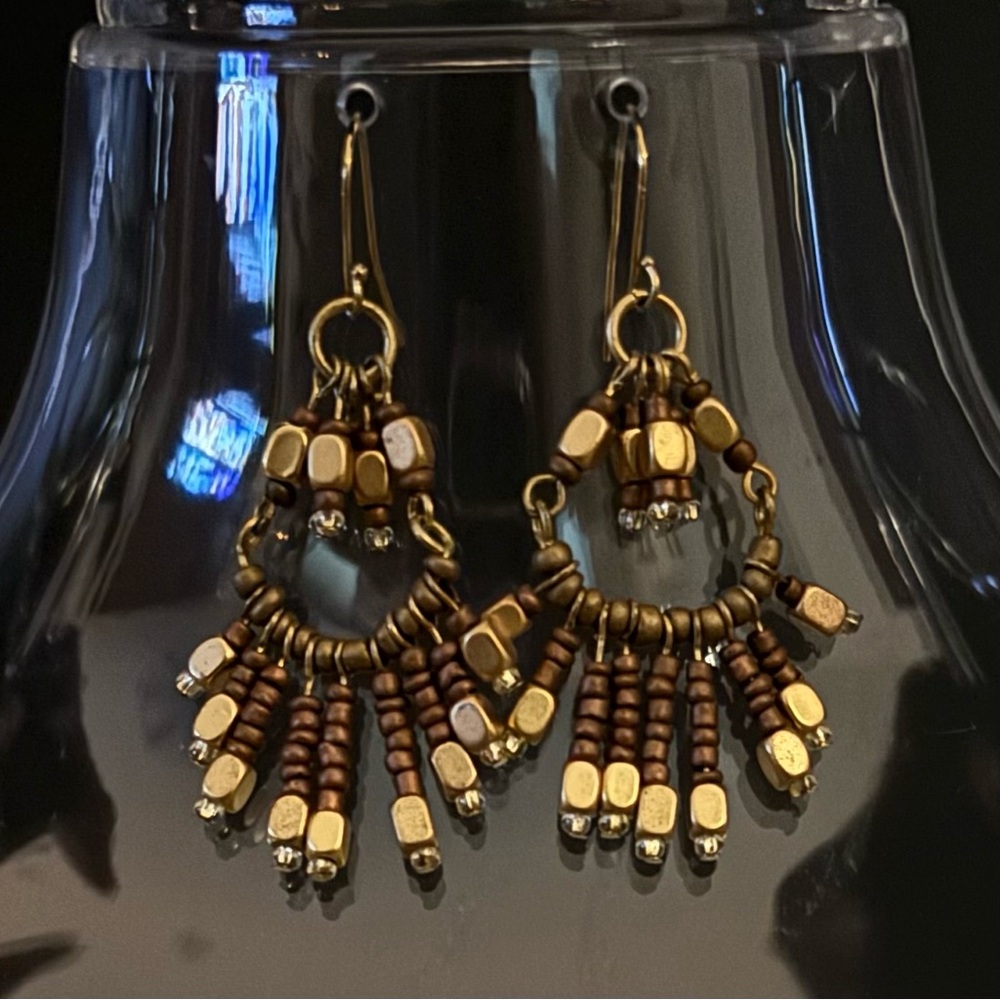 Chico’s Boho Beaded Chandelier Dangle Earrings Gold Bronze Mixed Metal Y2K